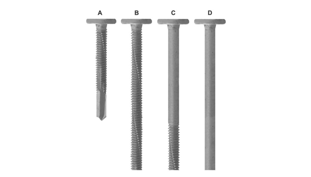 Four 1/4-20 DP5 CONCEALOR pancake head screws of different lengths with drill points