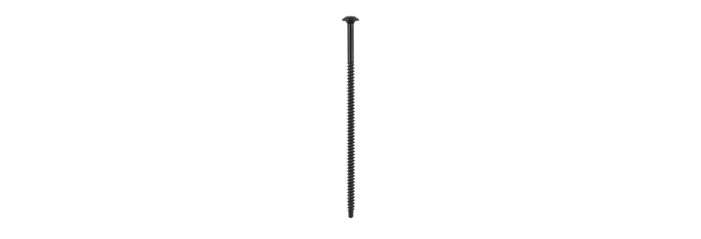 Long black DEKFAST #12 roofing screw with truss head, shown vertically