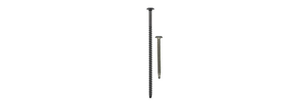 Black carbon steel and stainless steel #14 truss head roofing screws side by side