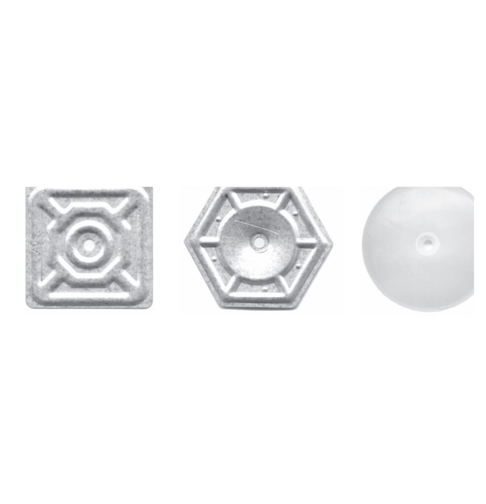 Square recessed, hex and round metal stress plates for roofing insulation attachment