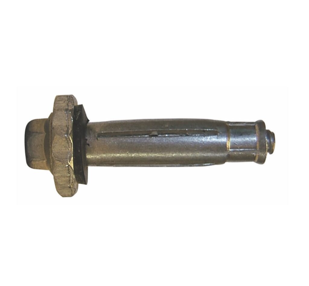 FAB-LOK rivet with slotted aluminum sleeve, hex head and washer on a white background