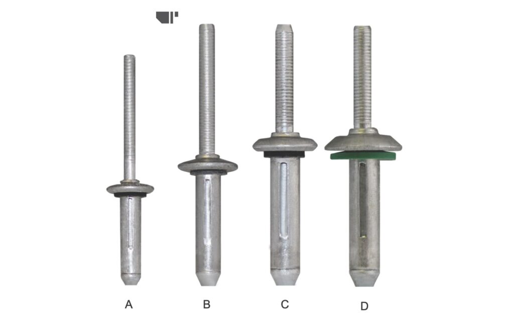 Four Bulb-Tite blind rivets labeled A to D with sealing washers