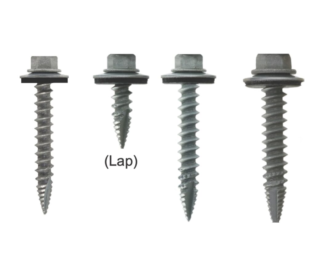 Four PANEL-TITE hex washer head screws in #10-12, #12-12 and #14-12 sizes with EPDM washers