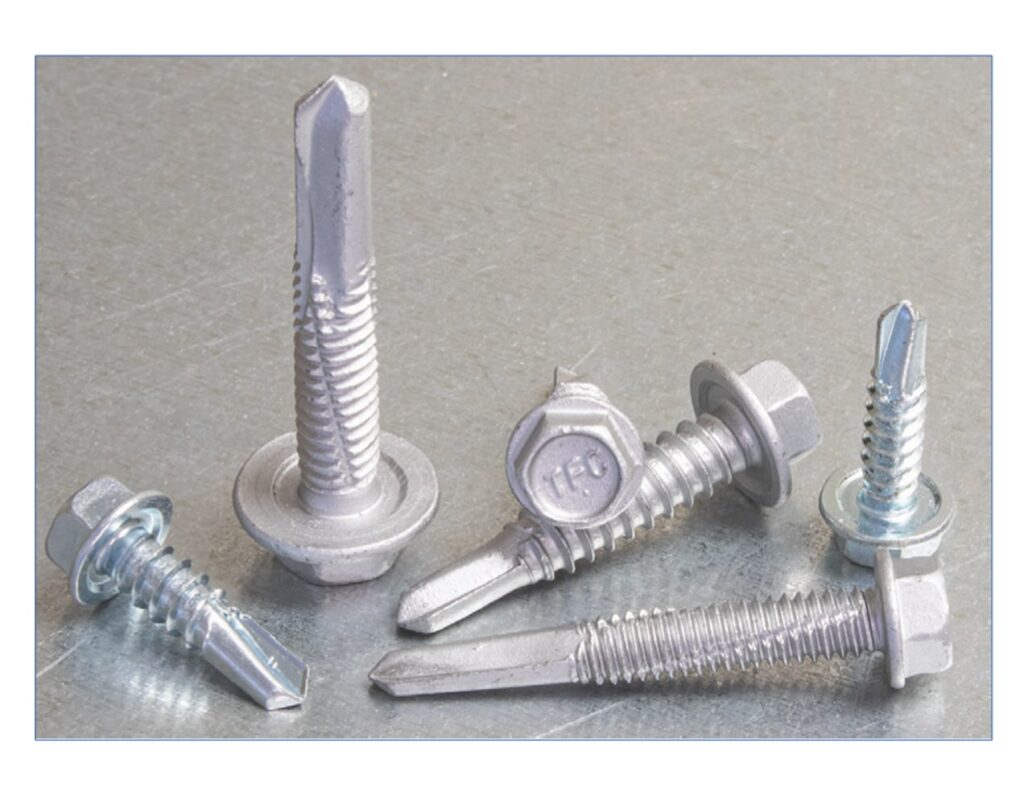 BLAZER hex washer head self-drilling screws in several lengths on a gray surface