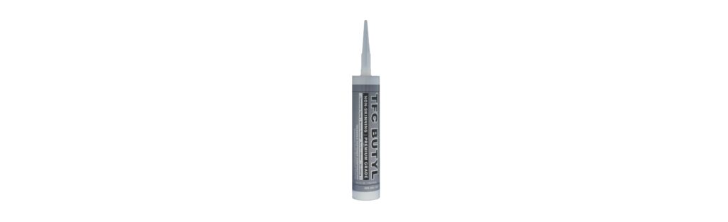 Gray TFC Butyl non-skinning sealant tube with white nozzle, shown upright