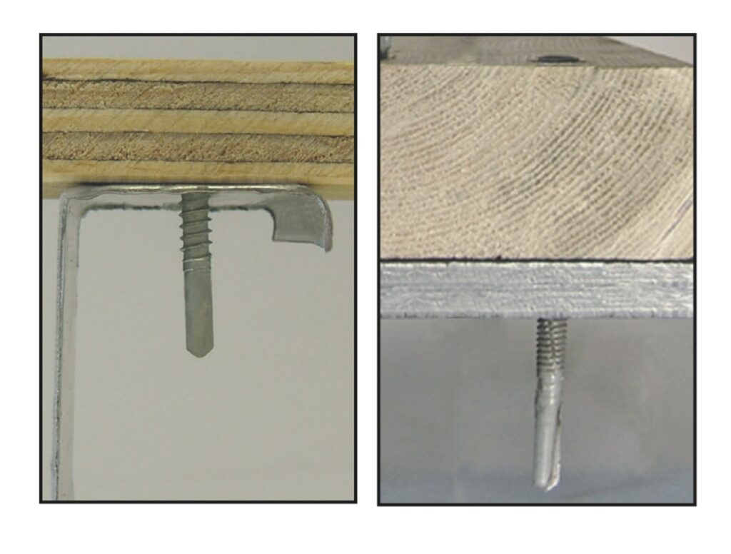Two photos of self-drilling screws fastening wood to thin steel angle and plate