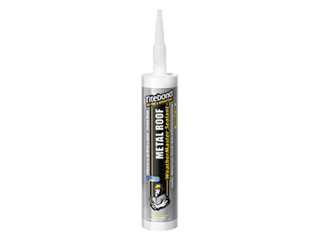 White Titebond WeatherMaster Metal Roof Sealant cartridge with nozzle on a plain background